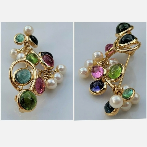 14k Gold Multi Gemstone Pearl Pendant Brooch-Designer Estate Jewelry 12 gm - Picture 10 of 12